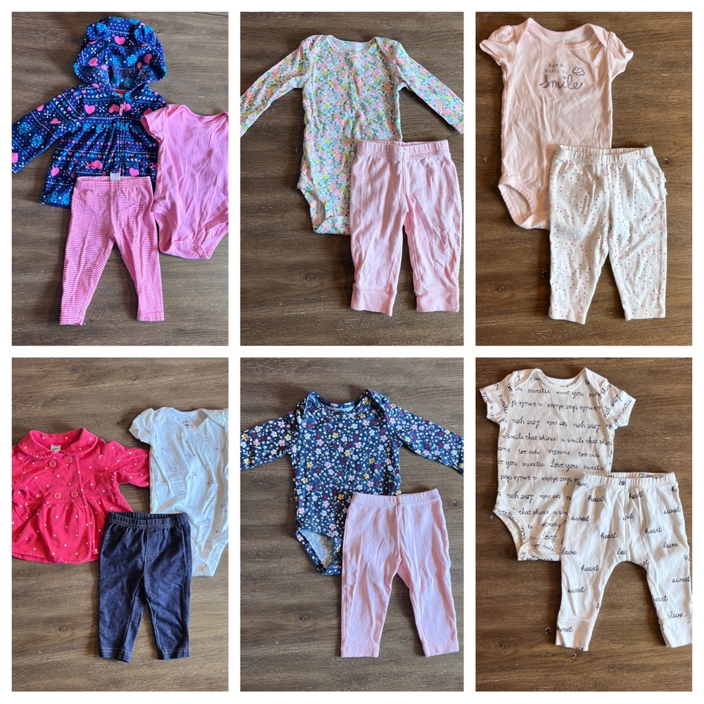 Carter's Girls 6M Matching Sets Lot - Pink, Blue, White. 6 Outfits/ 14 Pieces.